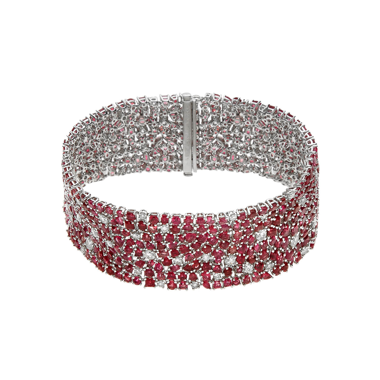 A magenta colored bracelet with gems on it